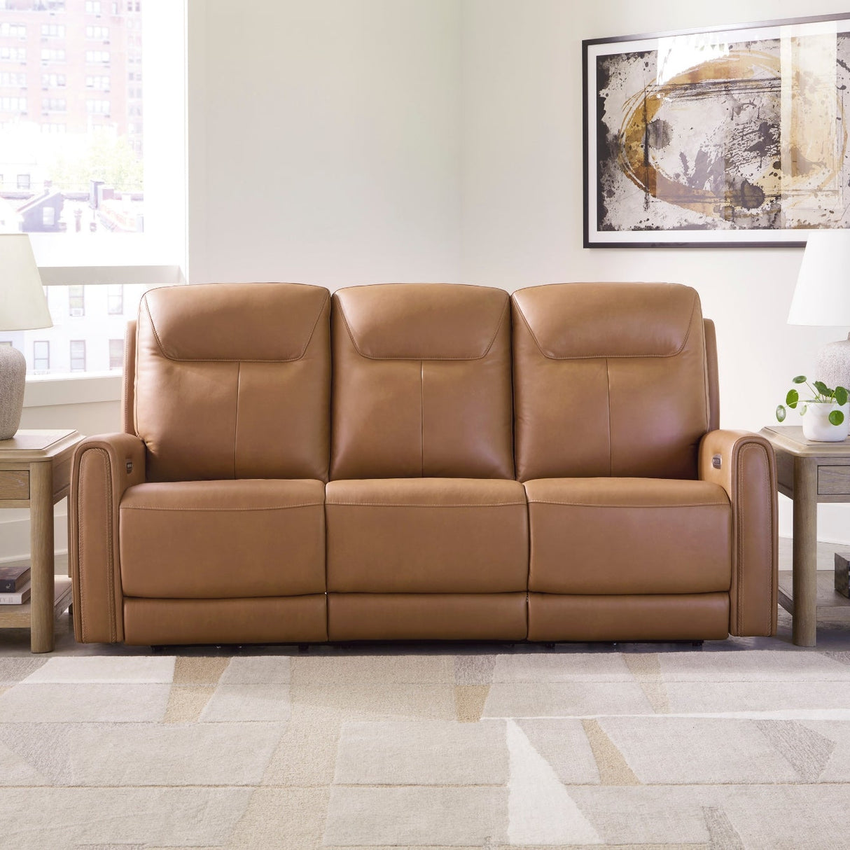 Sofa en cuir brun caramel motorisé zéro gravité - Tryanny