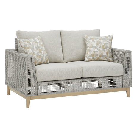 Causeuse extérieure en tissu Nuvella et en osier gris pâle avec coussins - Seton Creek