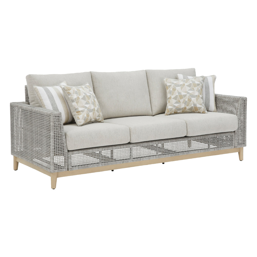 Sofa extérieur en tissu Nuvella et en osier gris pâle avec coussins - Seton Creek