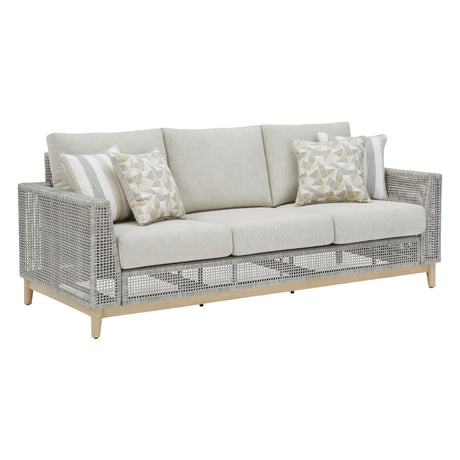 Sofa extérieur en tissu Nuvella et en osier gris pâle avec coussins - Seton Creek