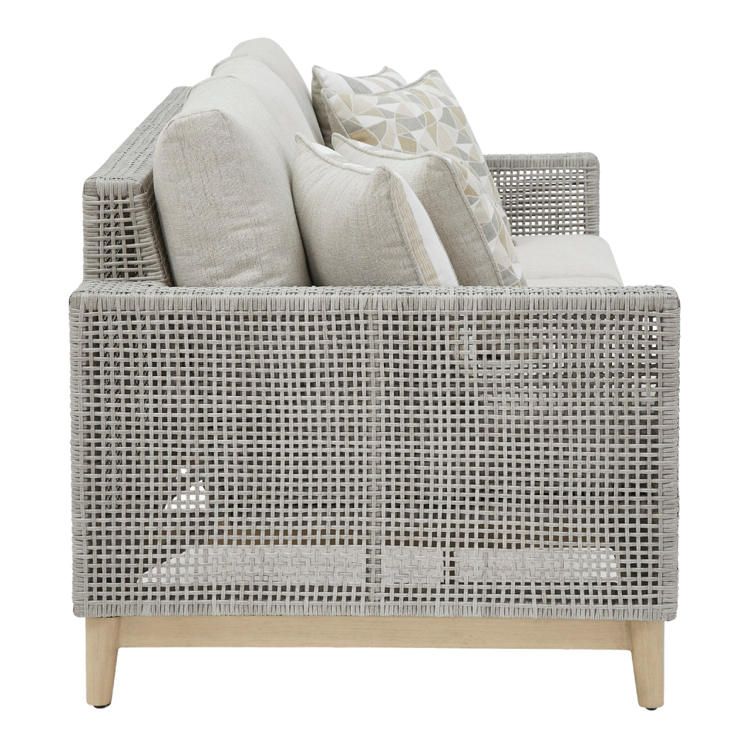 Sofa extérieur en tissu Nuvella et en osier gris pâle avec coussins - Seton Creek