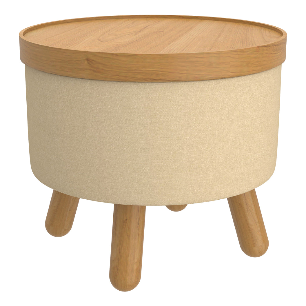 Pouf de rangement en tissu beige pâle et bois d'hévéa - Betsy