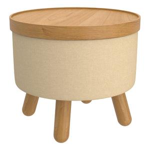 Pouf de rangement en tissu beige pâle et bois d'hévéa - Betsy