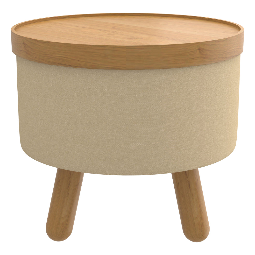 Pouf de rangement en tissu beige pâle et bois d'hévéa - Betsy
