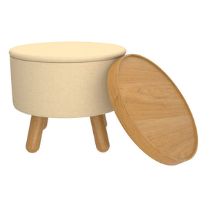 Pouf de rangement en tissu beige pâle et bois d'hévéa - Betsy