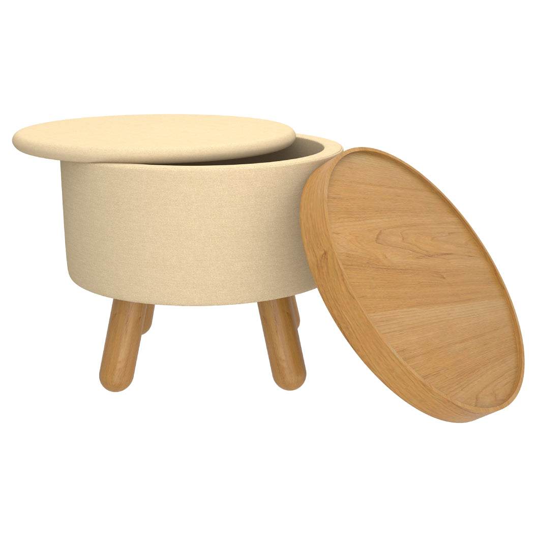 Pouf de rangement en tissu beige pâle et bois d'hévéa - Betsy