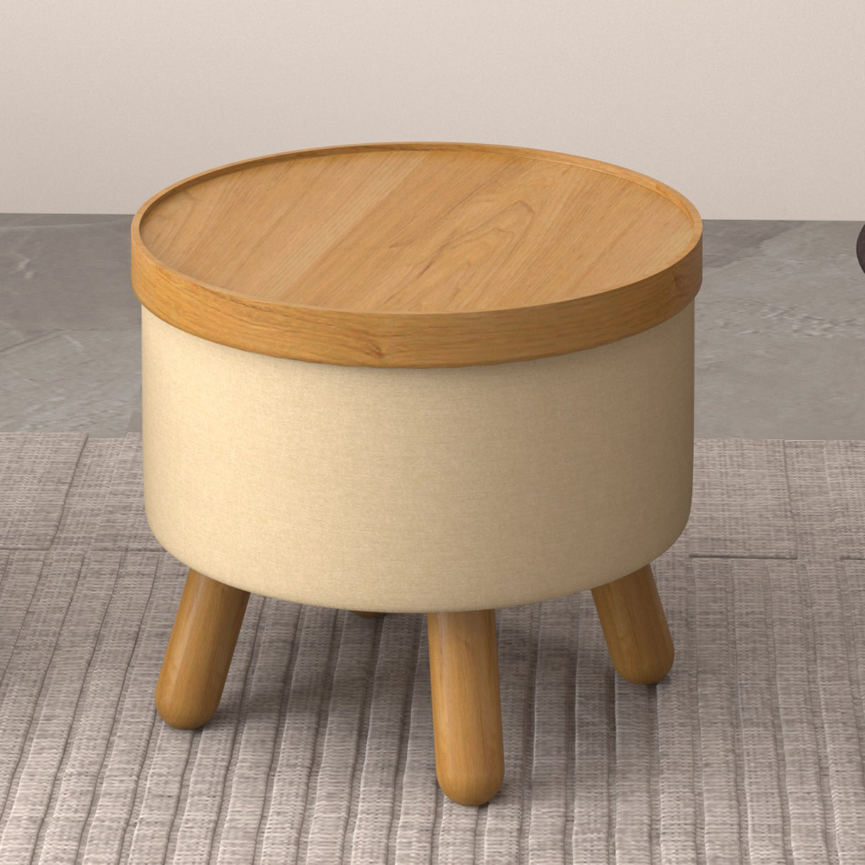 Pouf de rangement en tissu beige pâle et bois d'hévéa - Betsy