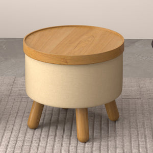 Pouf de rangement en tissu beige pâle et bois d'hévéa - Betsy