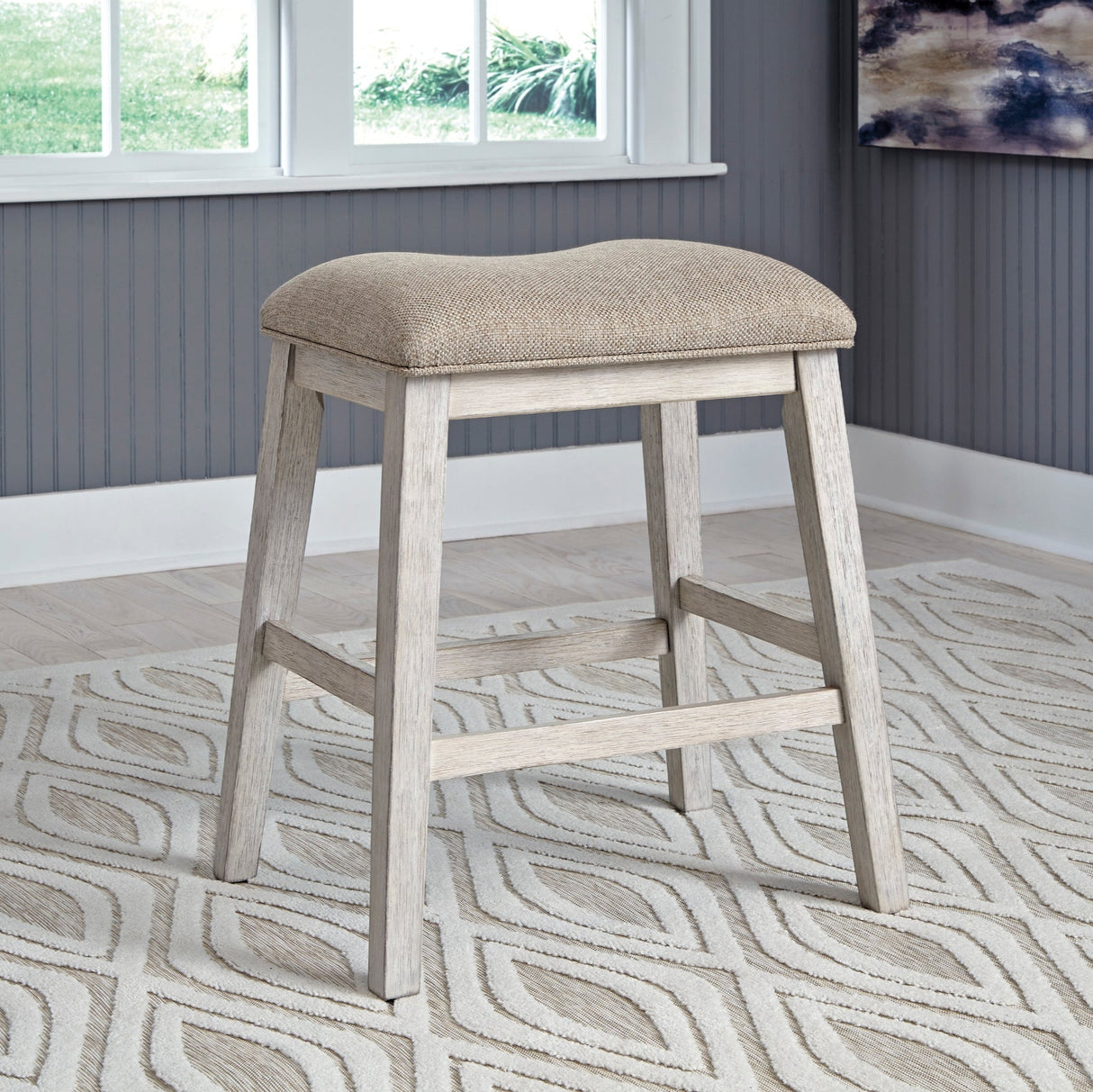 Ensemble de 2 tabourets de bar rembourrés et en bois blanc vieilli - Skempton