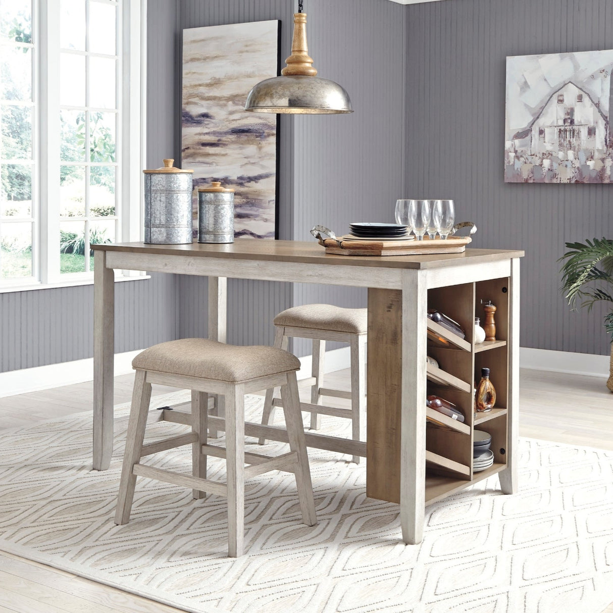 Ensemble de 2 tabourets de bar rembourrés et en bois blanc vieilli - Skempton