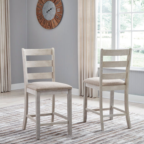 Ensemble de 2 tabourets de bar rembourrés et en bois blanc vieilli - Skempton