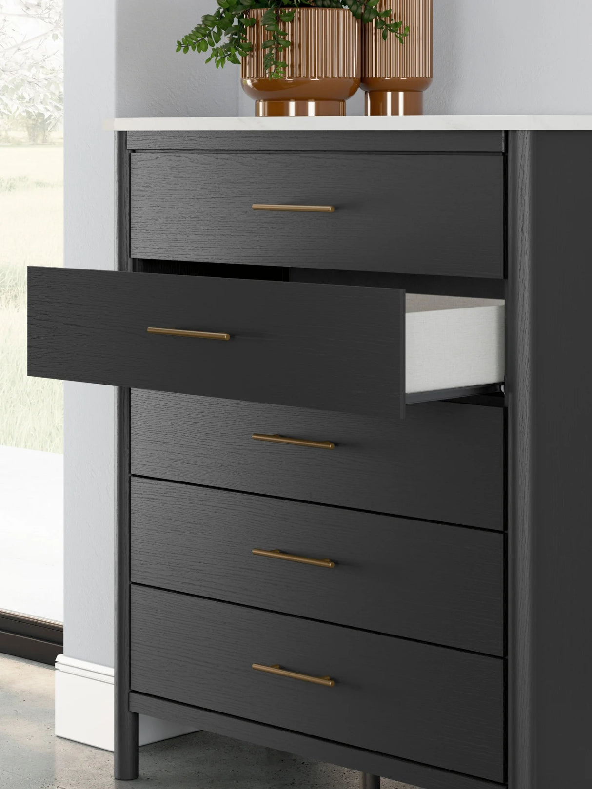 Commode à 5 tiroirs en marbre blanc et bois noir