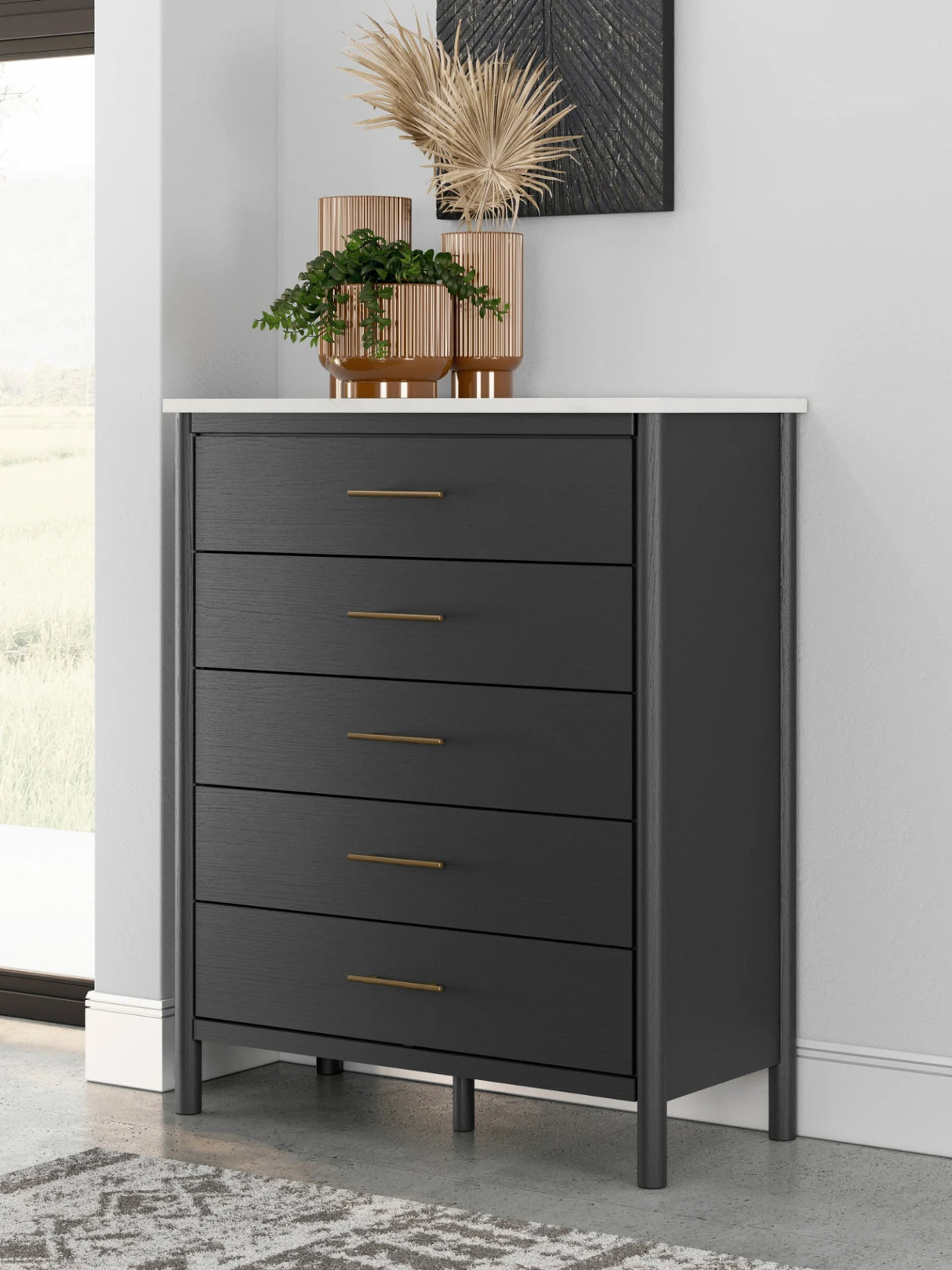 Commode à 5 tiroirs en marbre blanc et bois noir