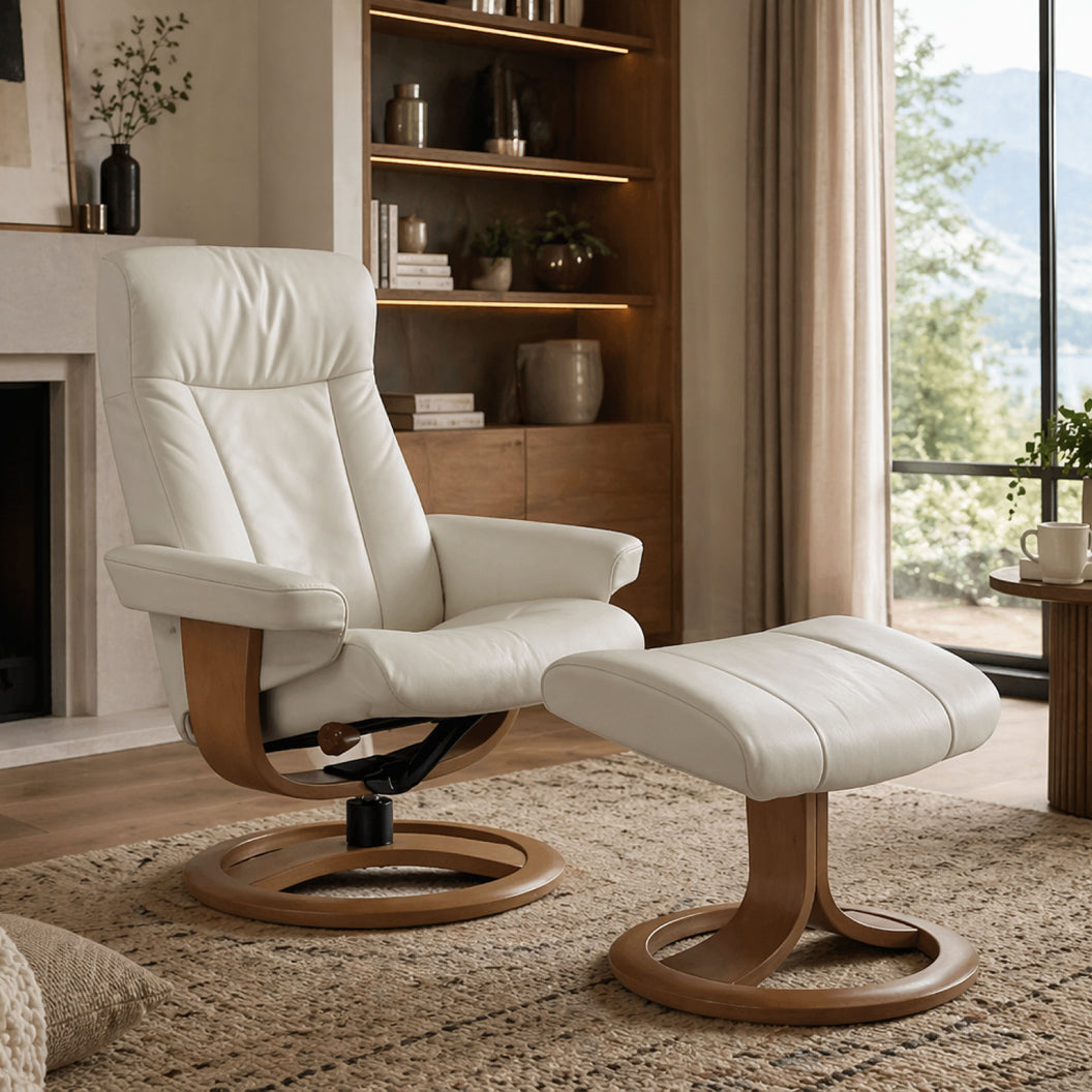 Fauteuil pivotant et inclinable en cuir ivoire avec repose-pieds - Otra Nordic