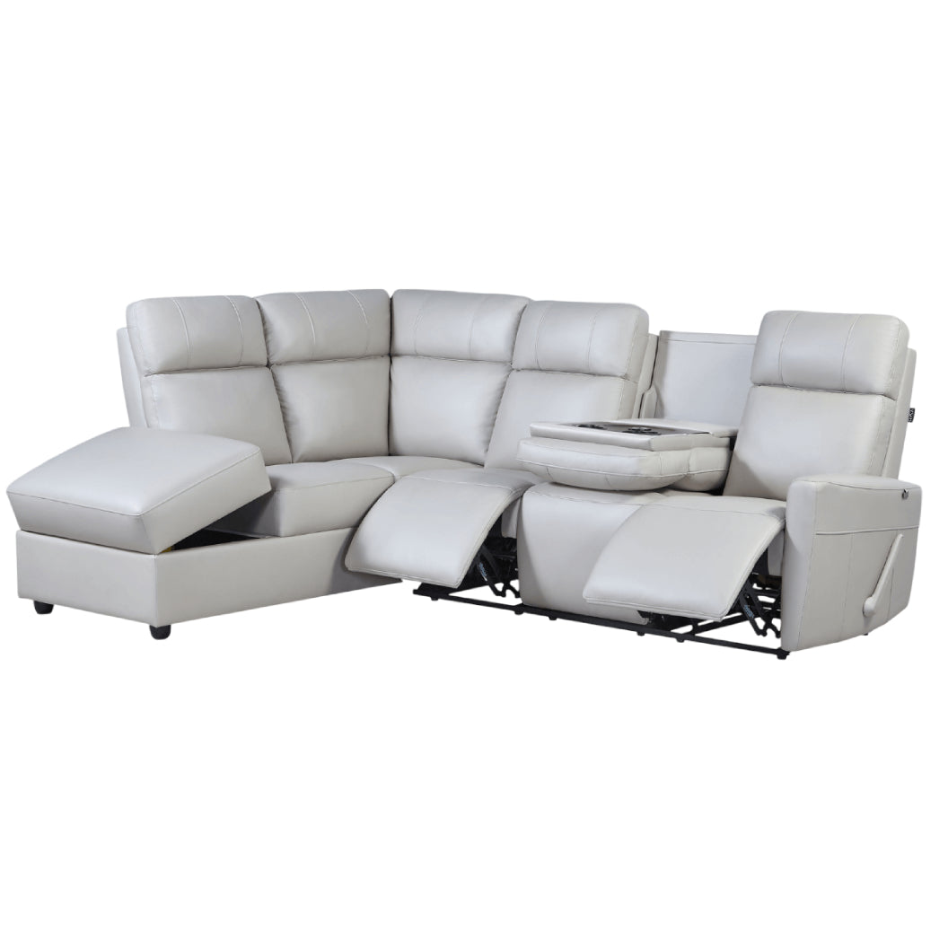 Sectionnel inclinable aspect cuir beige pâle avec table rabattable & chaise longue - Prague