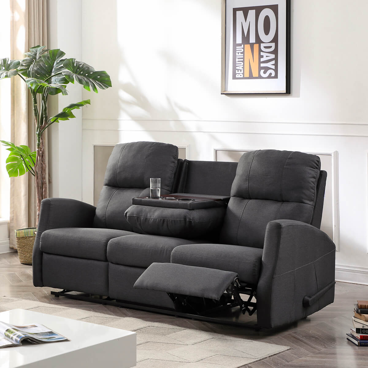 Sofa inclinable en tissu avec table rabattable & chargeur sans fil - Athènes