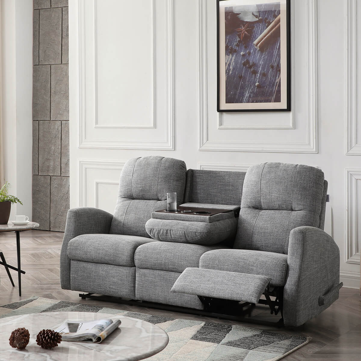 Sofa inclinable en tissu avec table rabattable & chargeur sans fil - Athènes