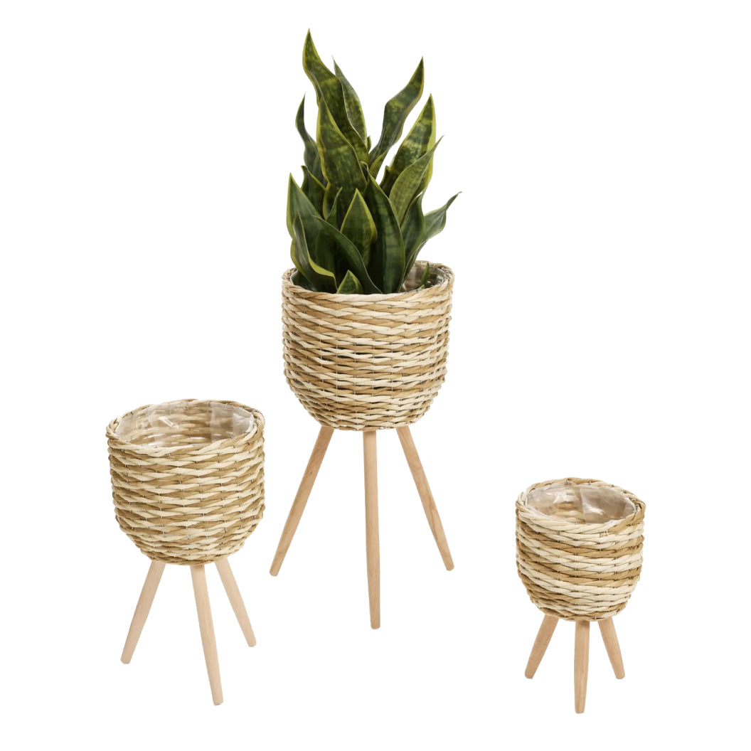 Ensemble de 3 cache-pots en corde de papier beige et bois naturel
