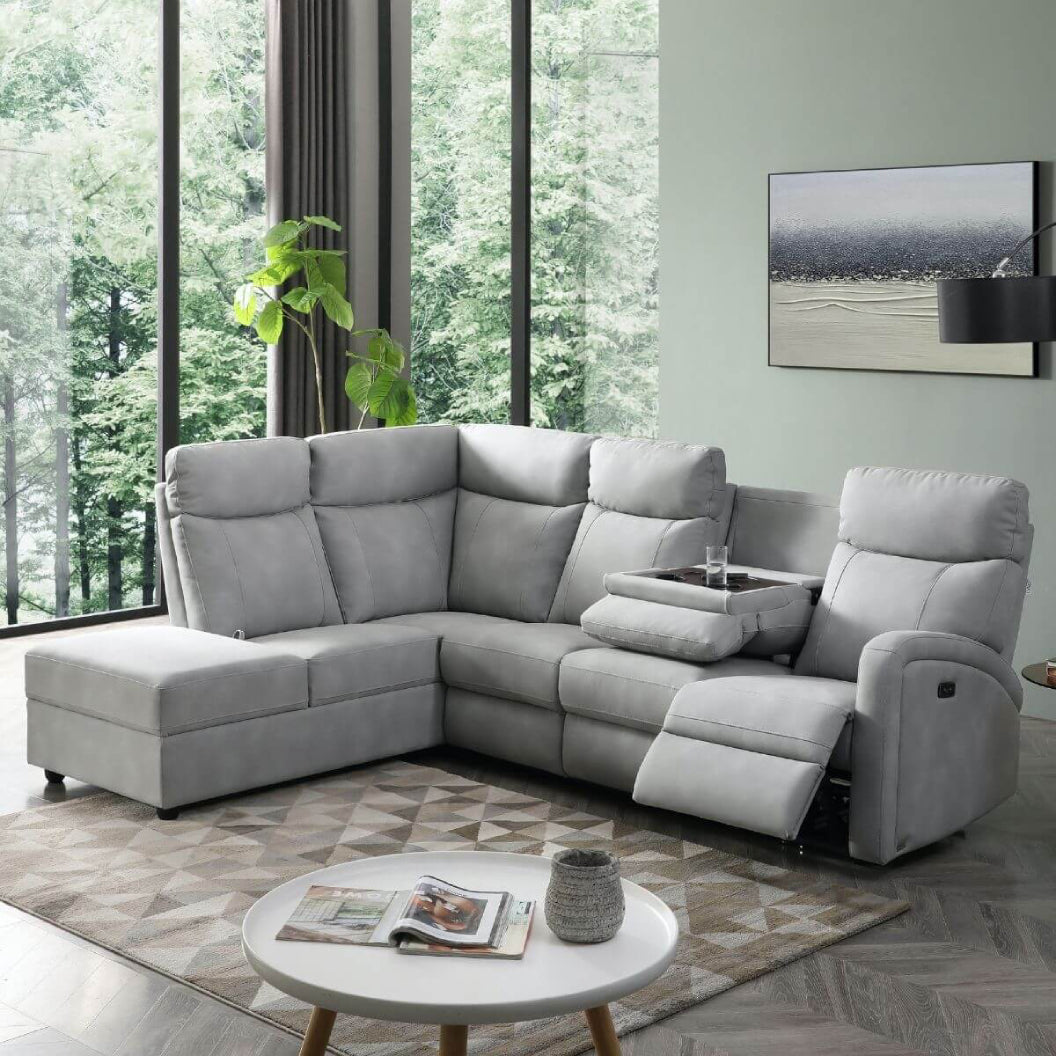 Sectionnel motorisé en tissu gris pâle avec table rabattable & chaise longue - Bordeaux