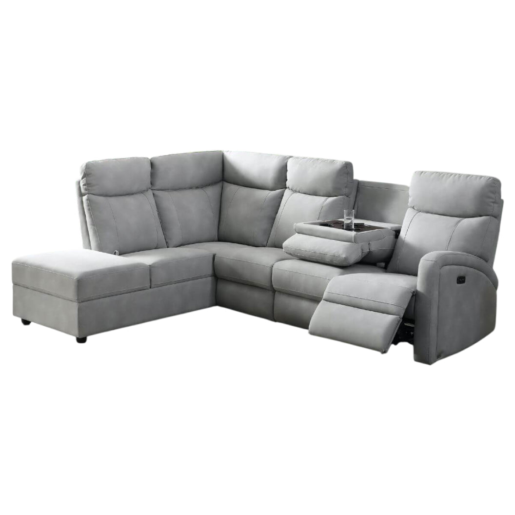 Sectionnel motorisé en tissu gris pâle avec table rabattable & chaise longue - Bordeaux