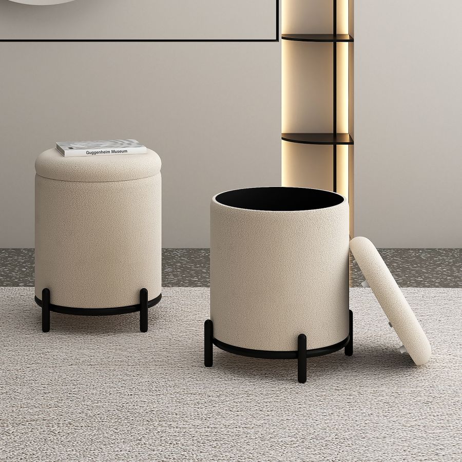 Pouf de rangement Castor en tissu crème