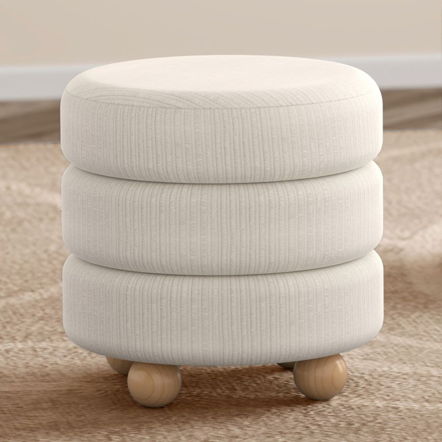 Pouf rond Willo en tissu canalisé ivoire