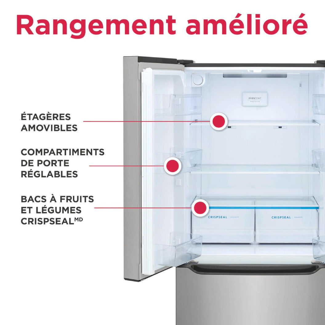 Réfrigérateur porte française profondeur de comptoir 33 po, 20 pi³, 3 portes Inox avec Distributeur d'eau et machine à glaçons
