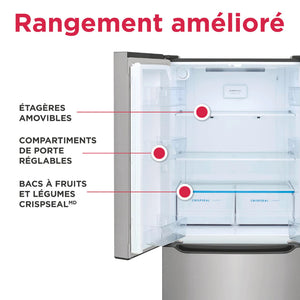 Réfrigérateur porte française profondeur de comptoir 33 po, 20 pi³, 3 portes Inox avec Distributeur d'eau et machine à glaçons