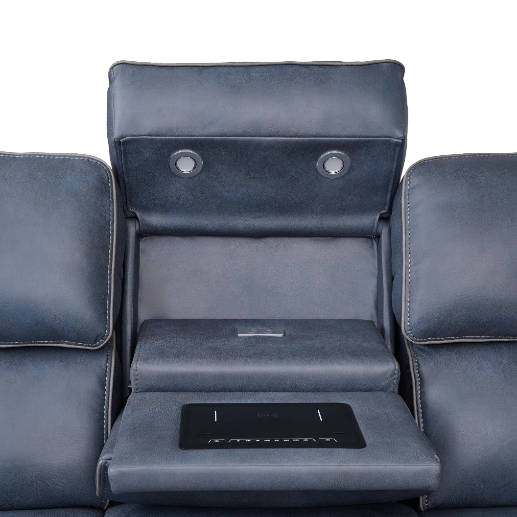 Sofa inclinable motorisé aspect cuir bleu marine avec table rabattable - K2250