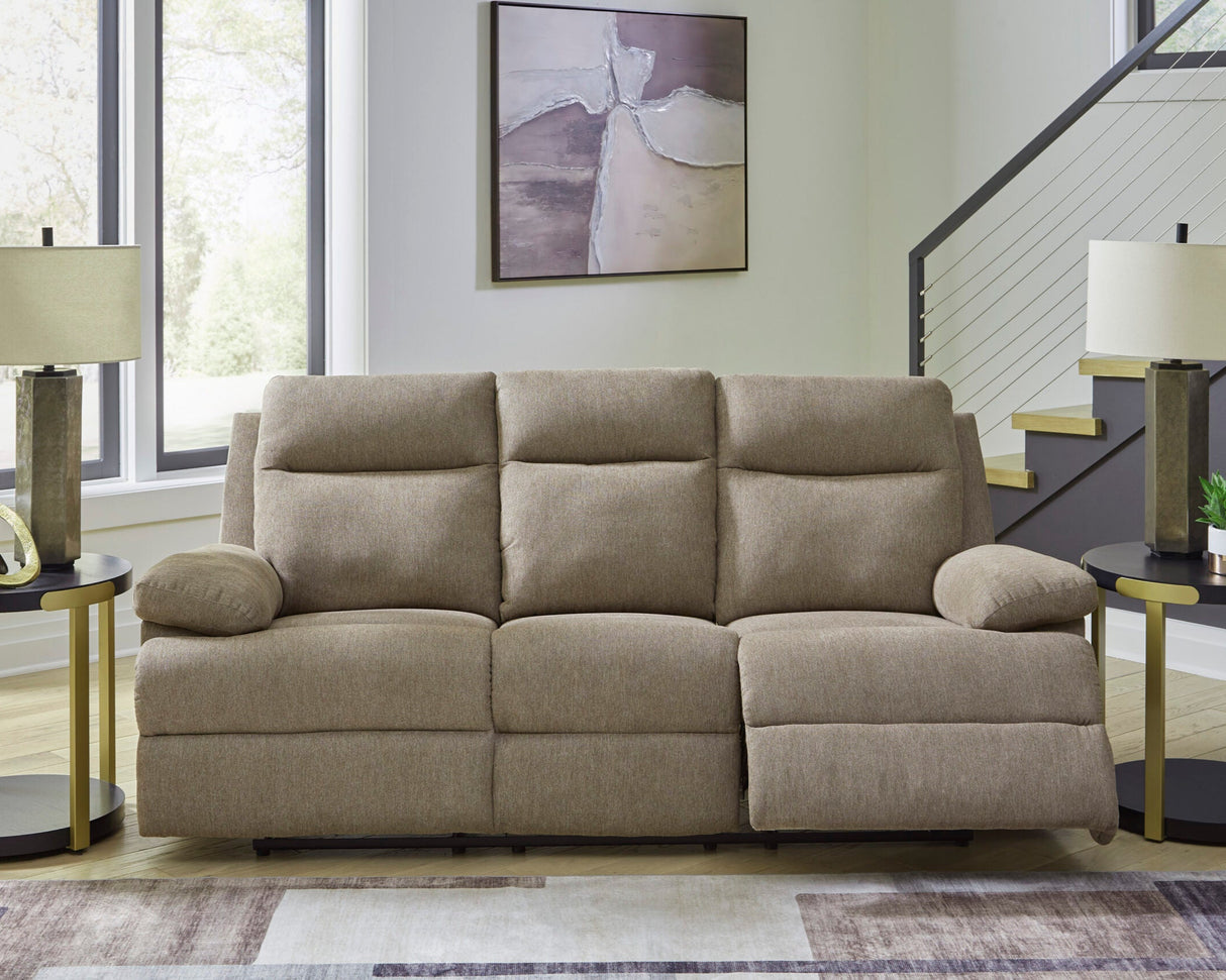 Sofa inclinable en tissu taupe avec table centrale rabattable - Side-Swipe