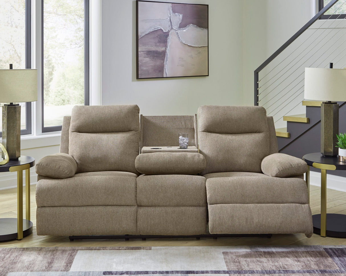 Sofa inclinable en tissu taupe avec table centrale rabattable - Side-Swipe