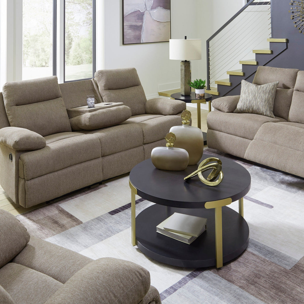 Sofa inclinable en tissu taupe avec table centrale rabattable - Side-Swipe