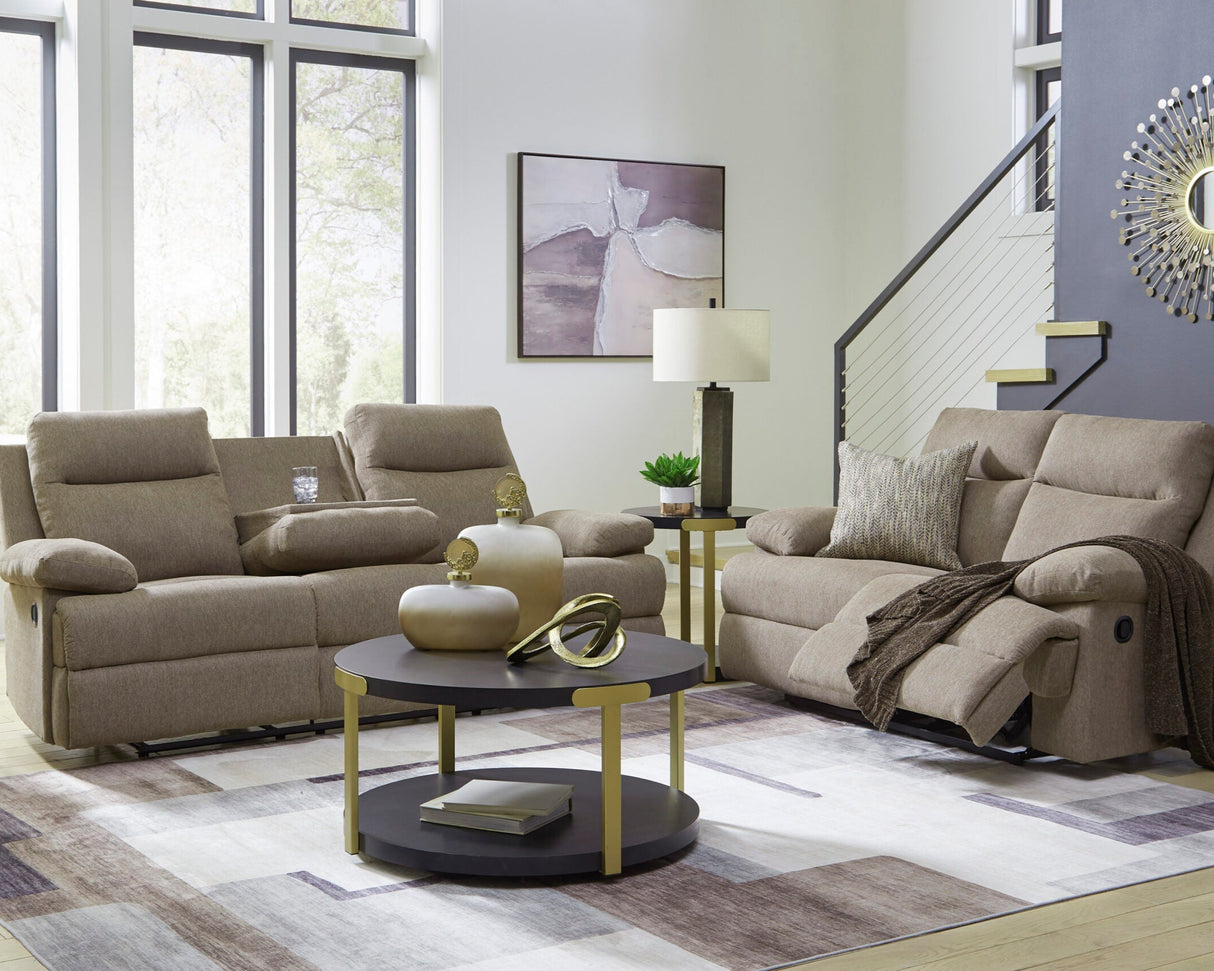 Sofa inclinable en tissu taupe avec table centrale rabattable - Side-Swipe