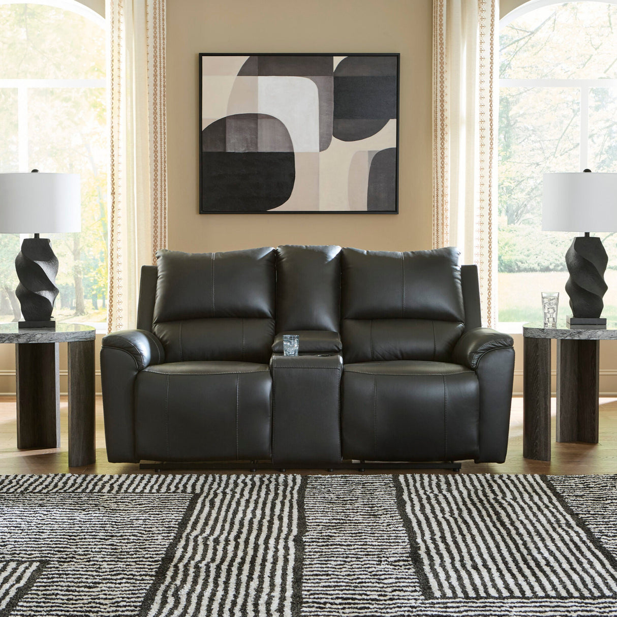 Causeuse inclinable aspect cuir noir avec console - Glossmore