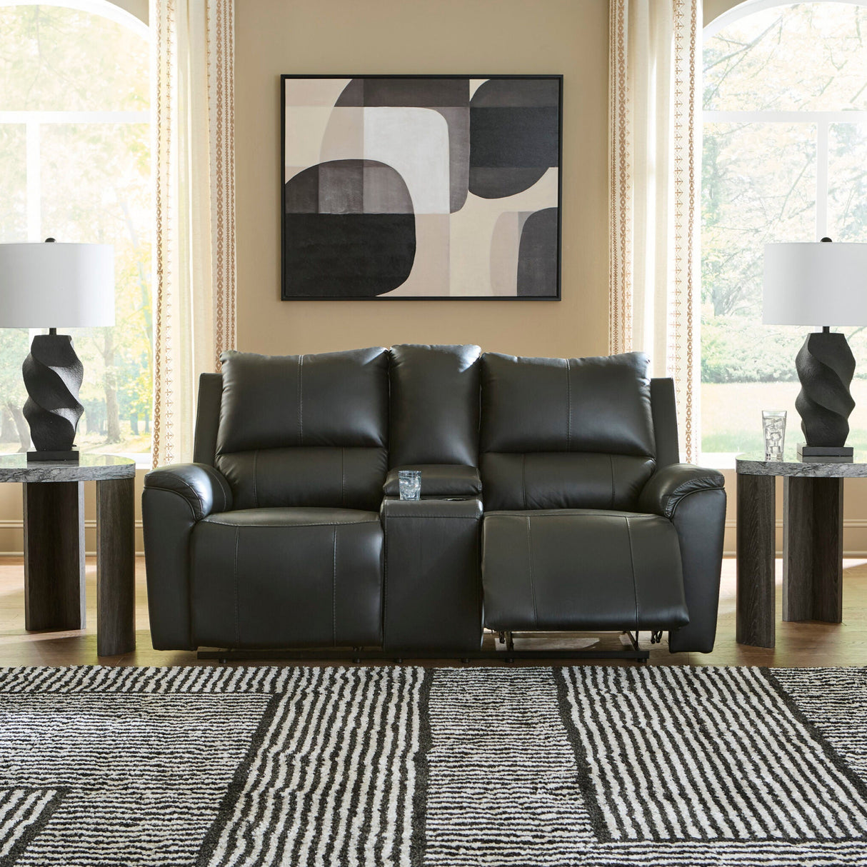 Causeuse inclinable aspect cuir noir avec console - Glossmore