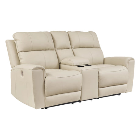 Causeuse motorisée en cuir beige avec console - Dahlmoore