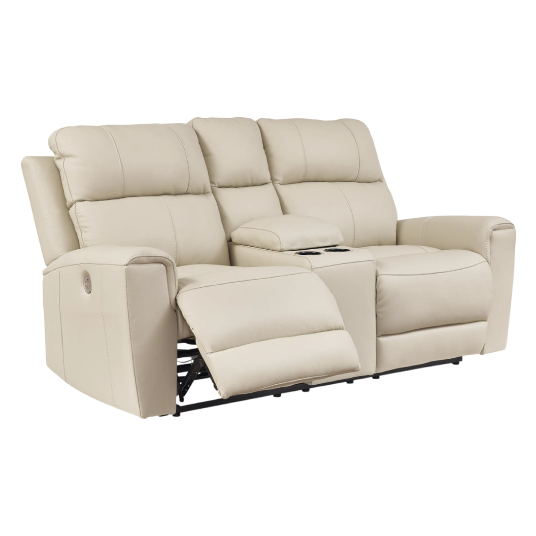 Causeuse motorisée en cuir beige avec console - Dahlmoore