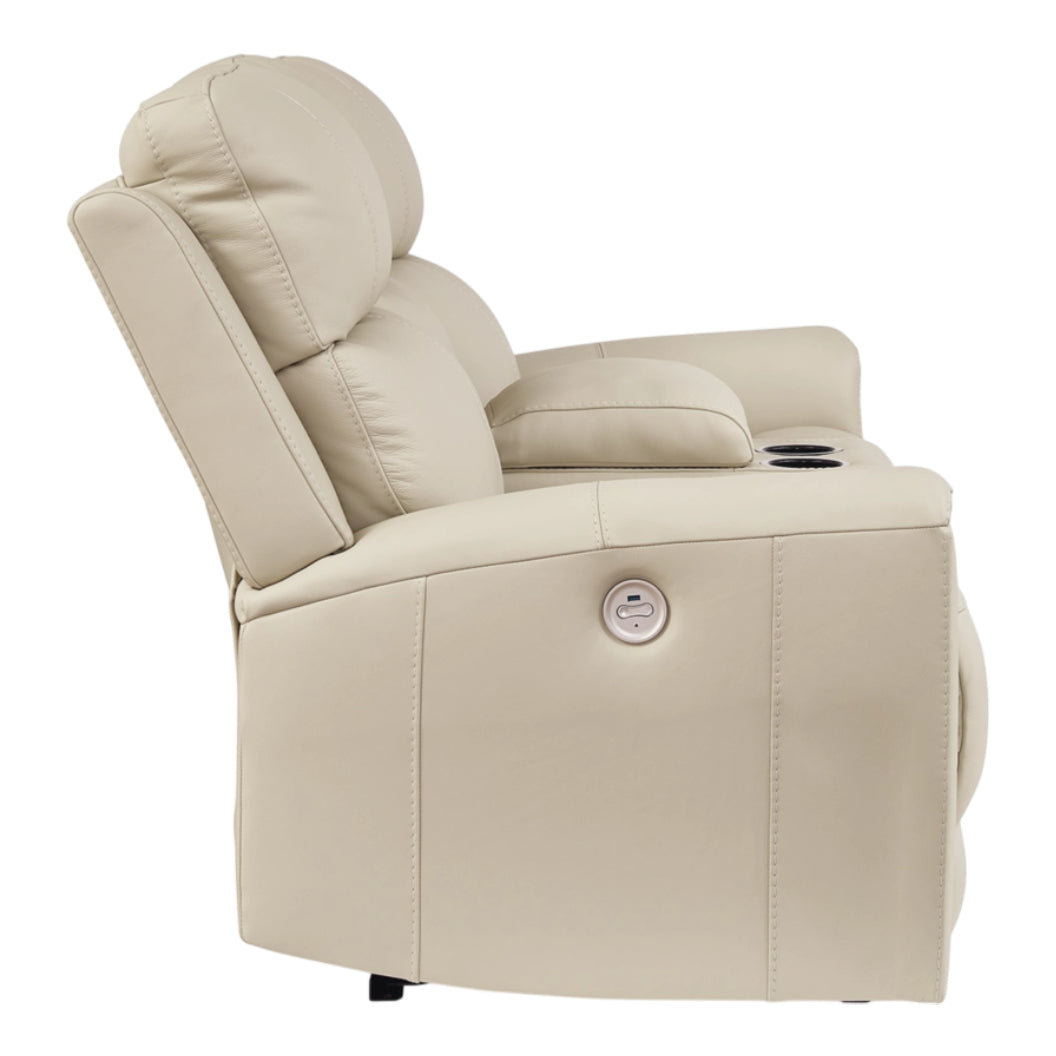 Causeuse motorisée en cuir beige avec console - Dahlmoore