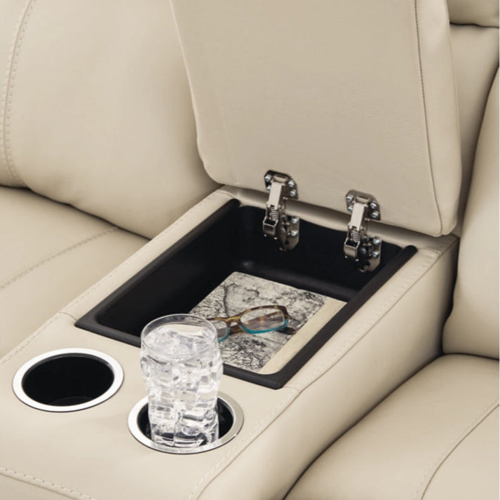 Causeuse motorisée en cuir beige avec console - Dahlmoore