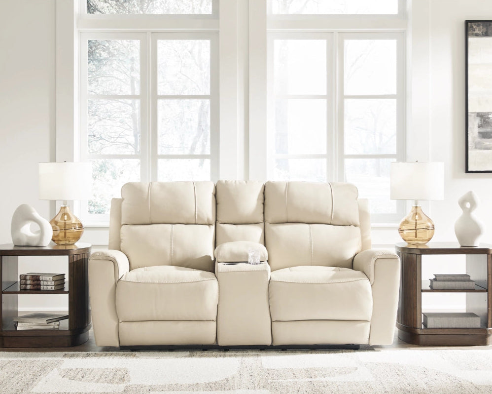 Causeuse motorisée en cuir beige avec console - Dahlmoore