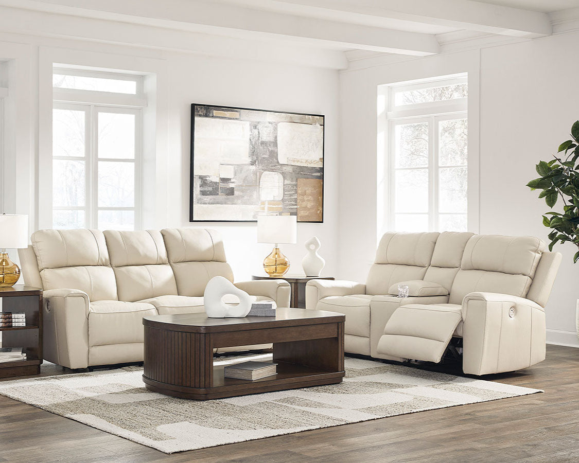 Causeuse motorisée en cuir beige avec console - Dahlmoore