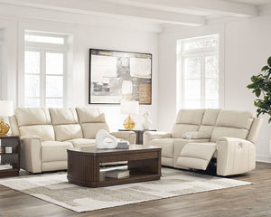 Causeuse motorisée en cuir beige avec console - Dahlmoore