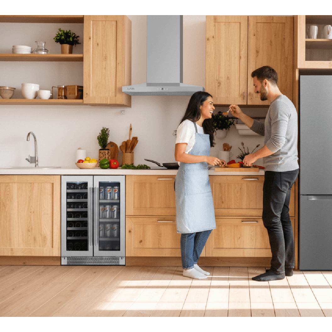 Cellier/Centre de breuvages porte française 24 po, Inox 21 bouteilles & 64 canettes