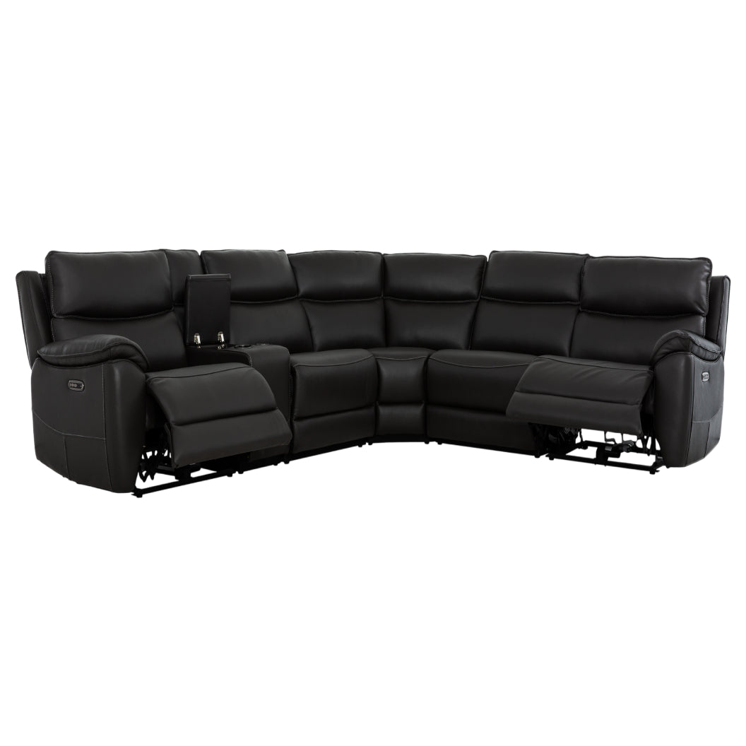 Sectionnel motorisé 6 pièces en cuir noir espresso avec console - Knox