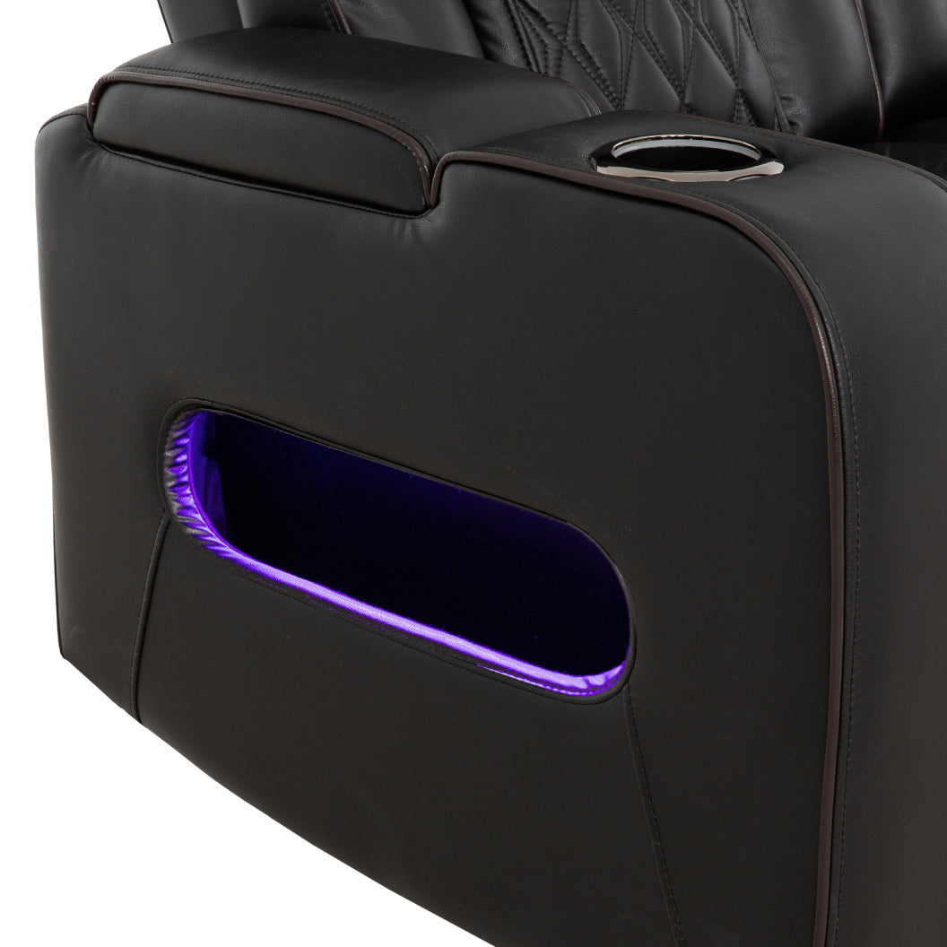 Sofa motorisé en cuir noir avec table rabattable & éclairage DEL - Colton