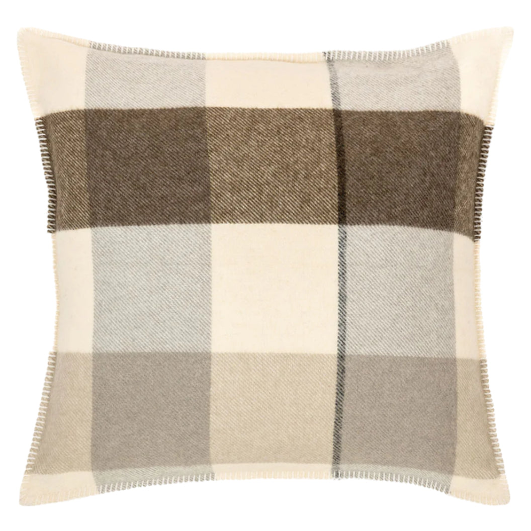 Coussin 18 x 18 po à carreaux en laine crème/brun/gris - Fudge