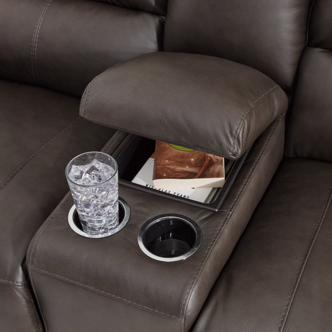 Causeuse motorisée en cuir gris foncé avec console - Boxmere