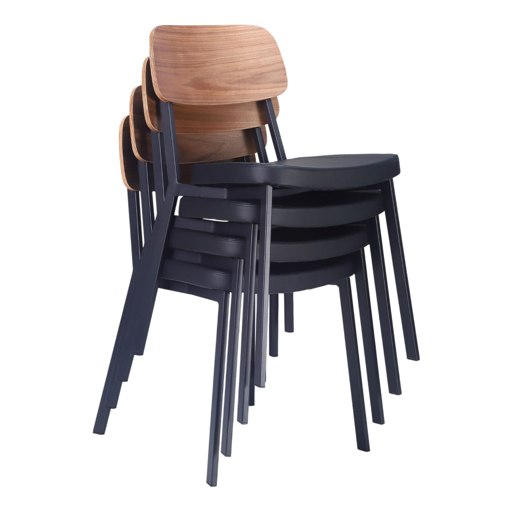 Chaise de salle à manger rembourrée aspect cuir noir et dossier en bois - Theo
