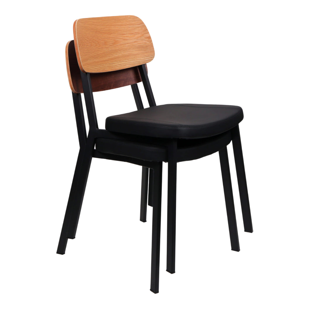 Chaise de salle à manger rembourrée aspect cuir noir et dossier en bois - Theo