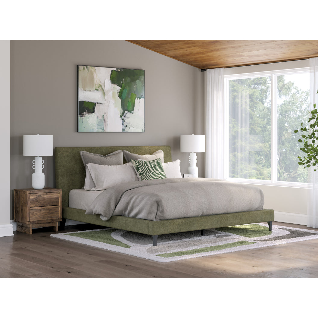 Lit complet rembourré en tissu vert sauge à profil bas Double / Grand / Très grand - Chirason
